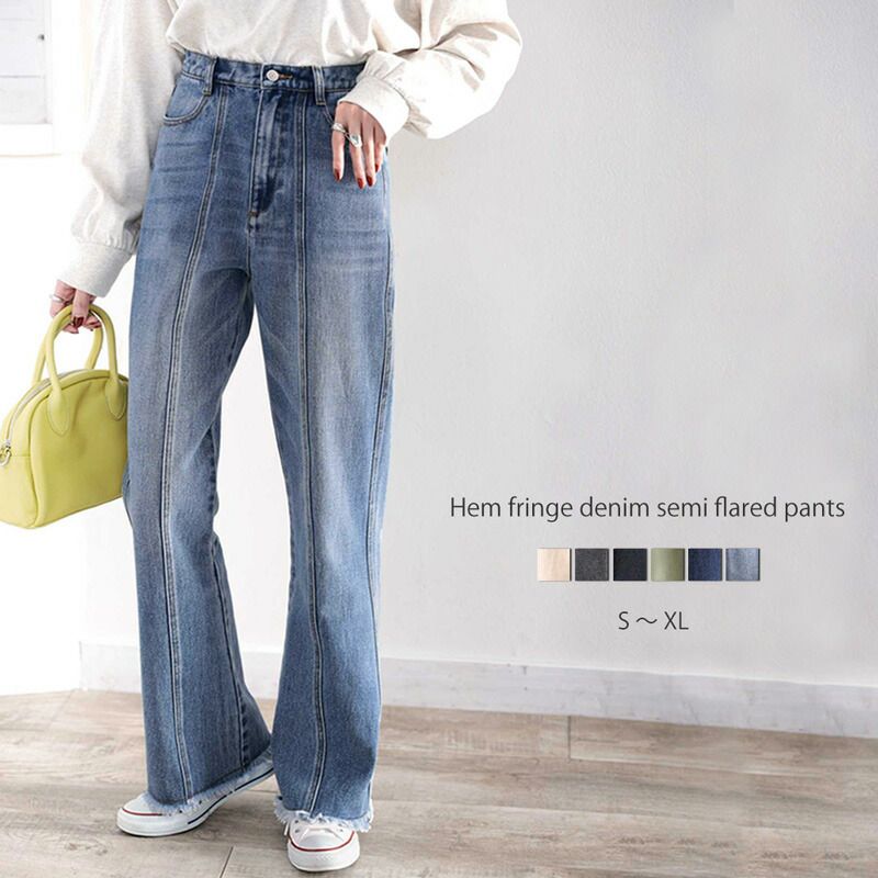 日本 Classical Elf - 顯瘦美腿彈性微喇叭長褲-丹寧藍