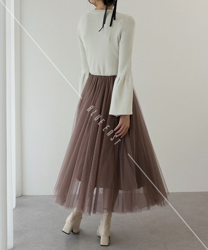 日本 BLUE EAST - 優雅薄紗拼接羅紋針織喇叭袖洋裝-黑