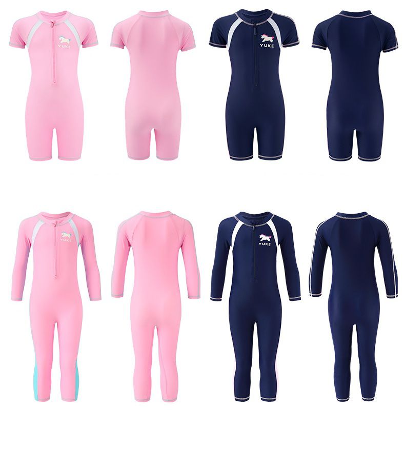 運動風女寶短袖連身泳裝-獨角獸-深藍色