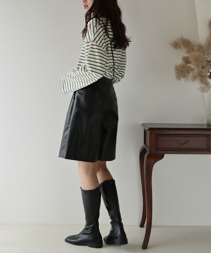 日本 BLUE EAST - 百搭落肩休閒長袖上衣-條紋-軍綠