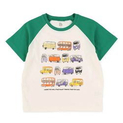 日本西松屋 - 童趣插畫車車短袖上衣-綠x白