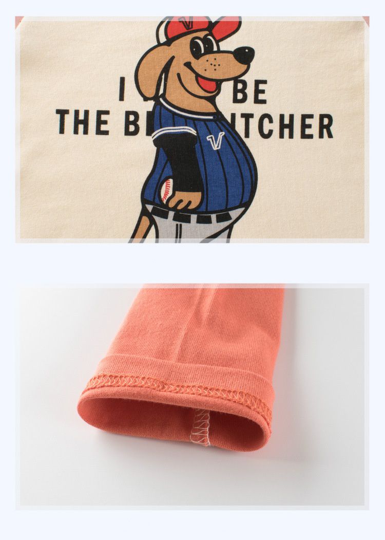 純棉長袖上衣-狗狗投手-白+磚紅