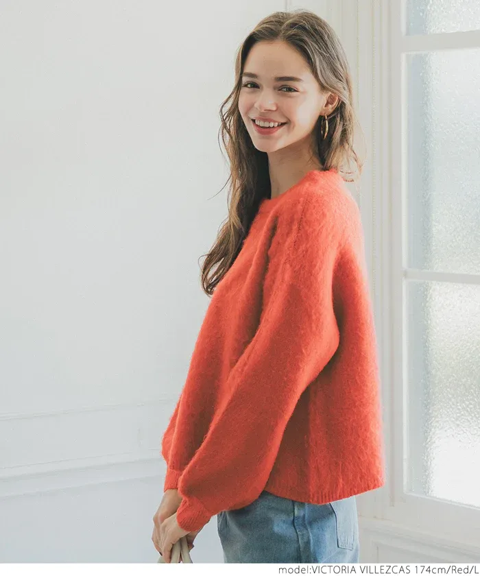 日本 COCA - 溫柔毛絨感圓領長袖針織上衣-橘紅