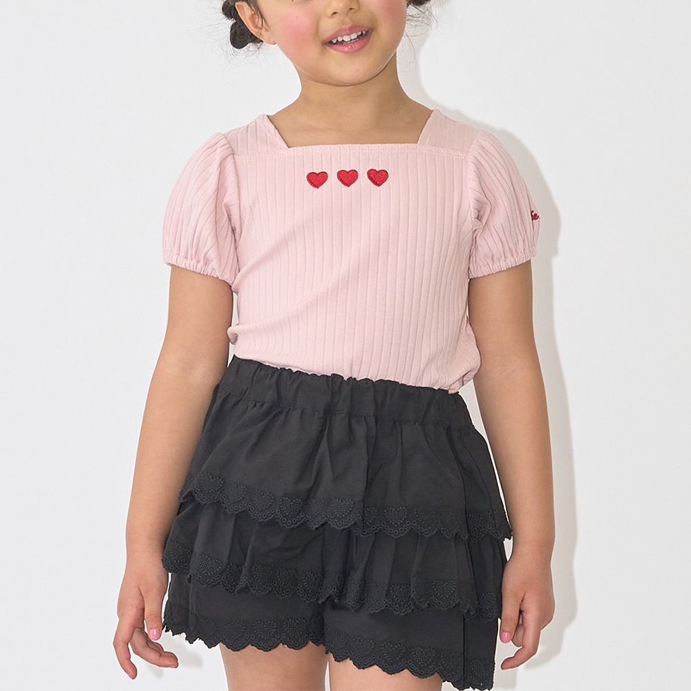 方領羅紋可愛刺繡泡泡短袖上衣-愛心-粉紅