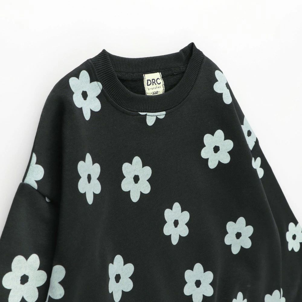 裏起毛 可愛女孩縮口長袖上衣-滿版花朵-黑