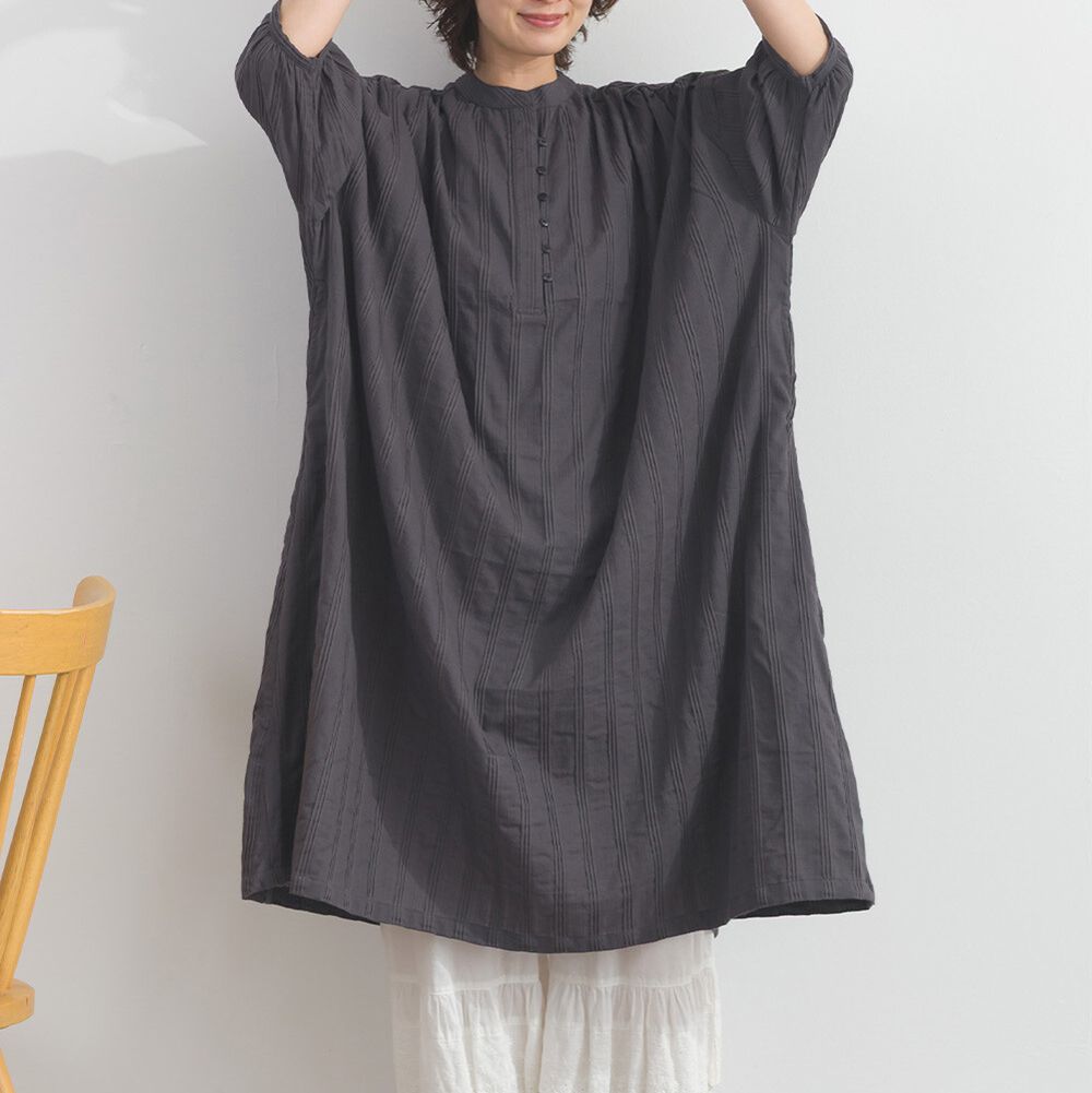 印度棉 細緻緹花前開襟七分袖洋裝-炭灰