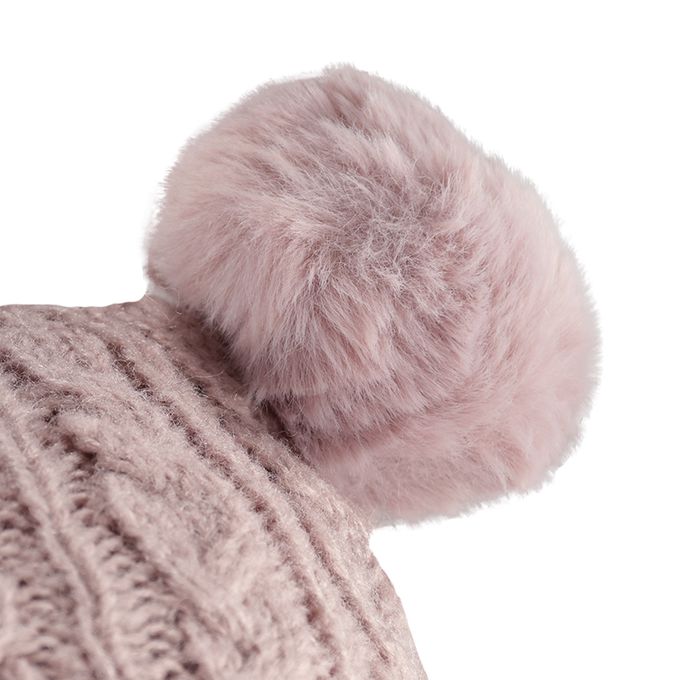 akachan honpo - 針織帽-麻花 毛球-粉紅色