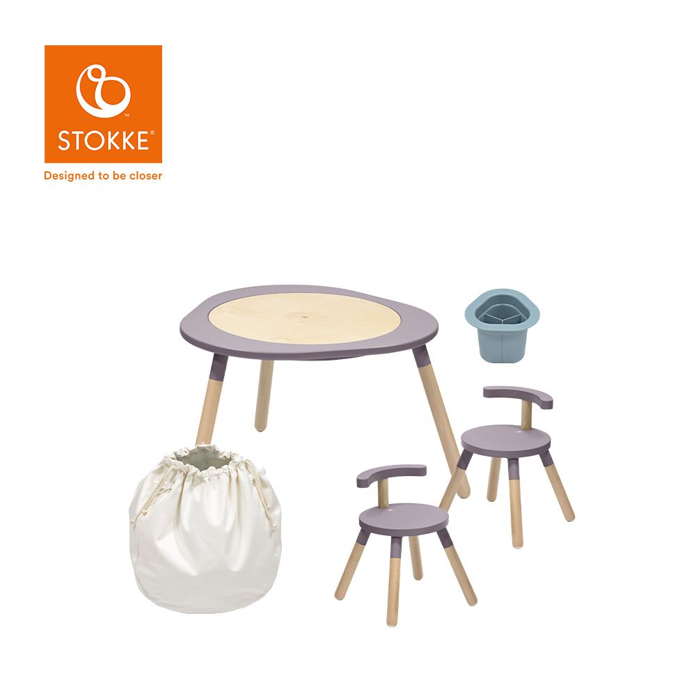 Stokke - 挪威 MuTable V2 多功能遊戲桌經典組 (一桌二椅+玩具收納袋-米白+筆筒-藍)-丁香紫