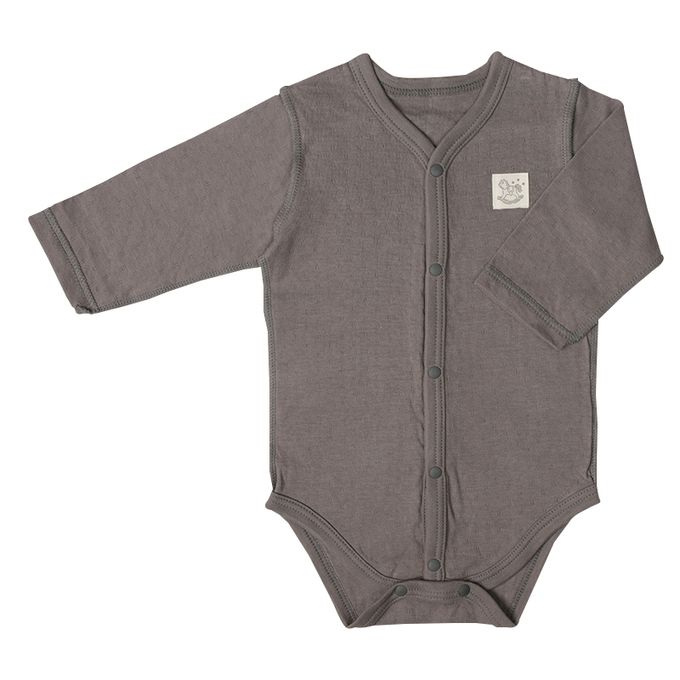 akachan honpo - 長袖前開包屁衣2件組-蓬鬆棉 木馬&橫紋-咖啡色