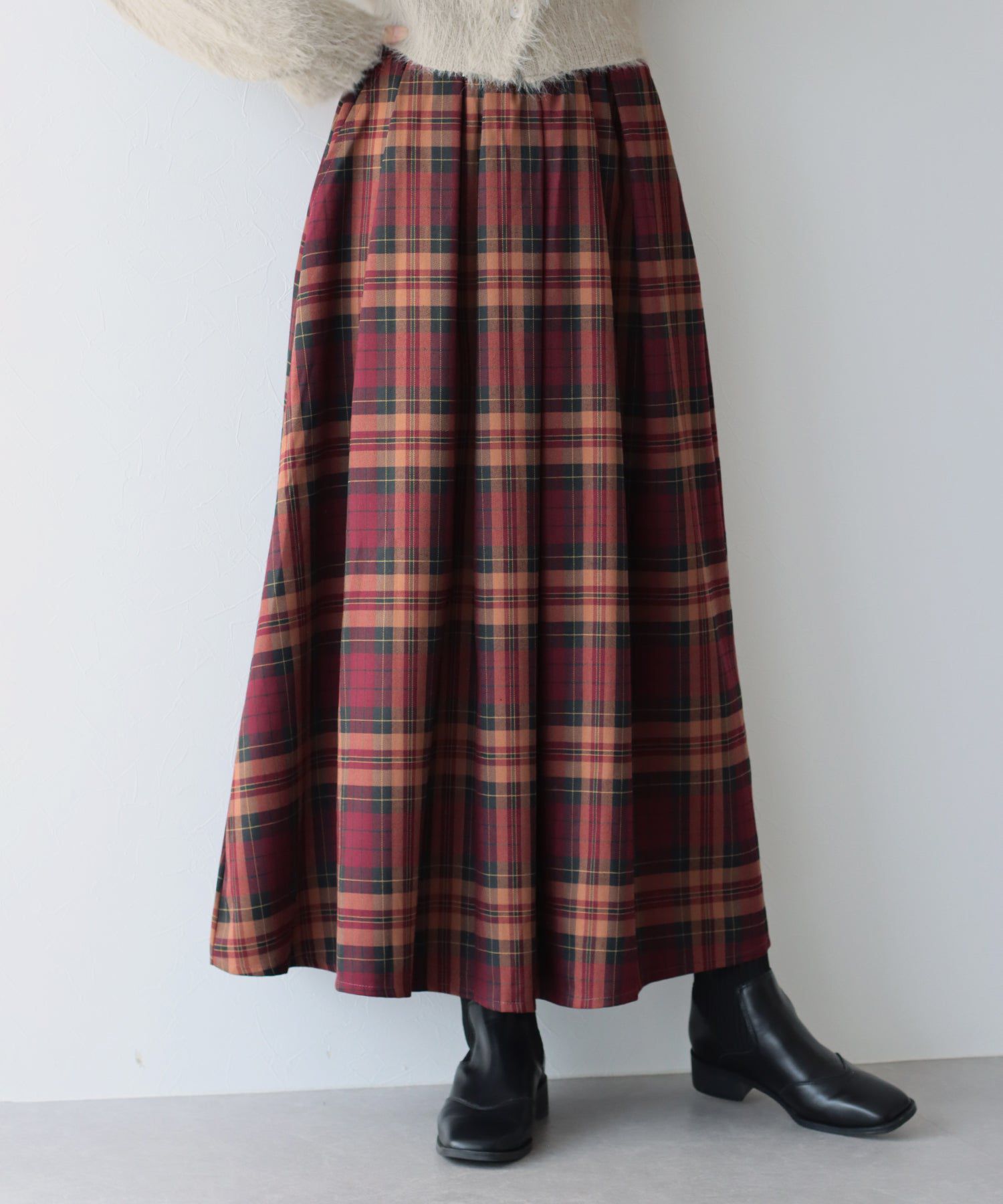 日本 BLUE EAST - [經典推薦]英倫格紋傘狀修身長裙-酒紅