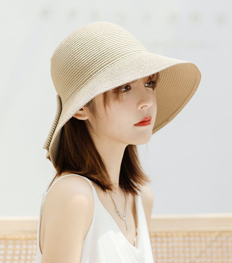 可折疊大帽沿防曬草帽-後開衩蝴蝶結-鐵灰色 (56-58cm)