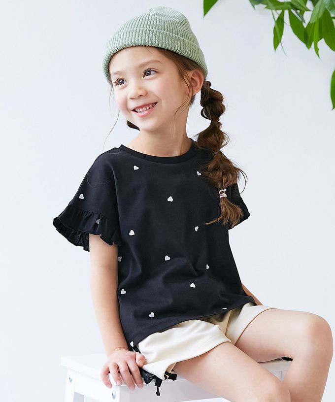 日本 devirock - 愛心印花荷葉邊短袖上衣-黑