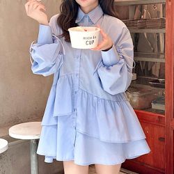 日本 GRL - 時尚抽繩荷葉擺襯衫領短洋裝-水藍 (F)
