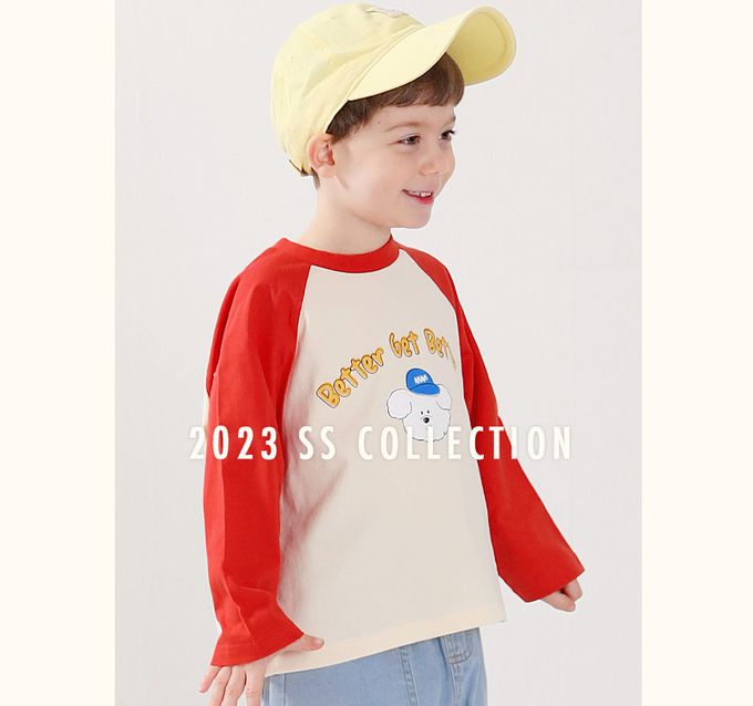 韓國 WALTON kids - 純棉白色小狗印長袖上衣-米黃X紫