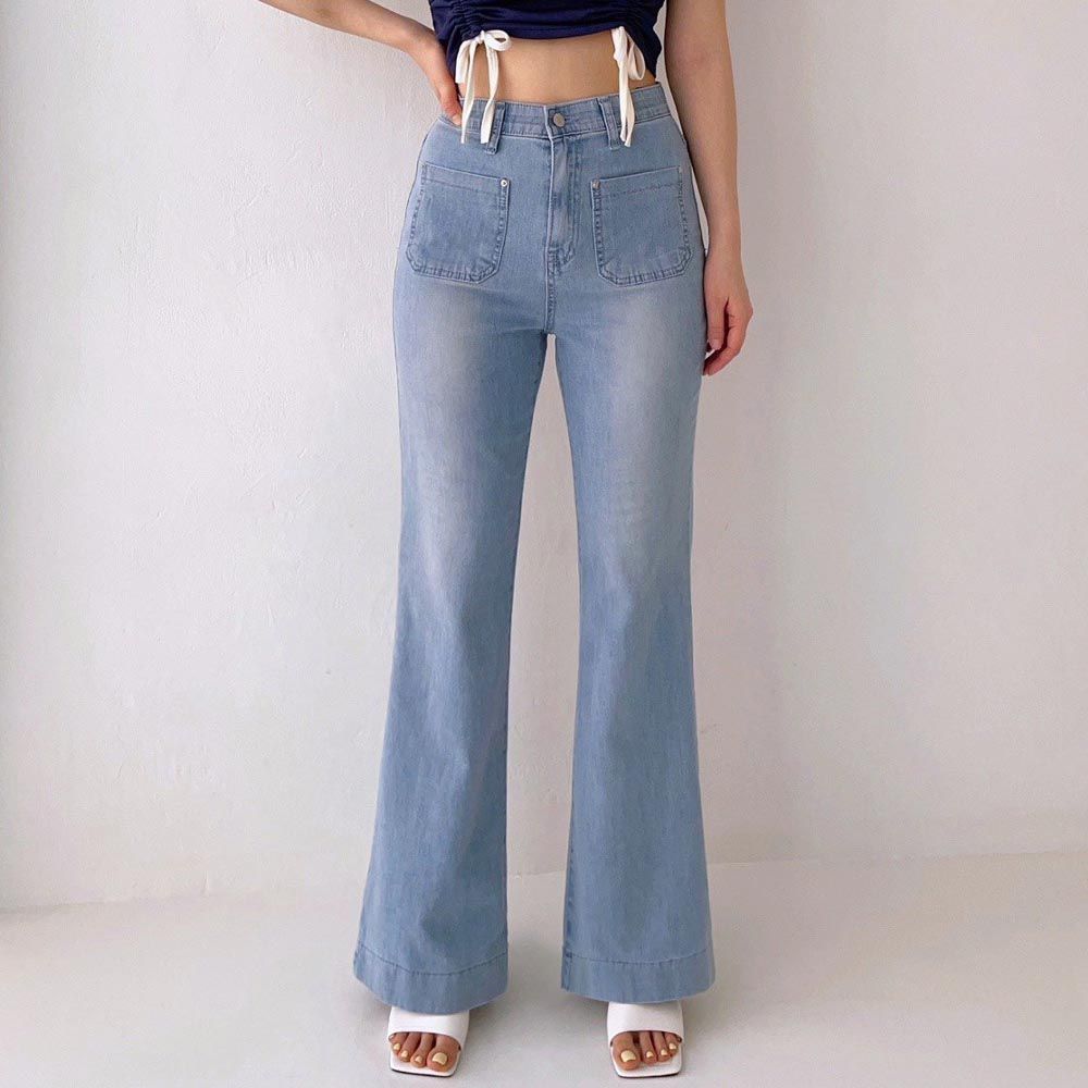 韓國女裝連線 - (涼感機能)彈性腰口袋翹臀小喇叭褲-淺藍
