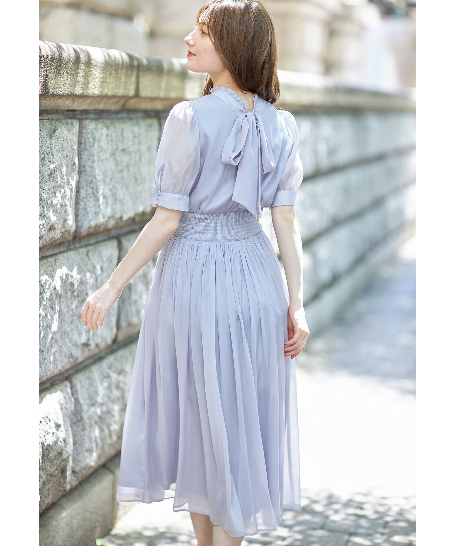 日本 tocco-closet - 2WAY甜美蝴蝶結雪紡洋裝-海軍藍