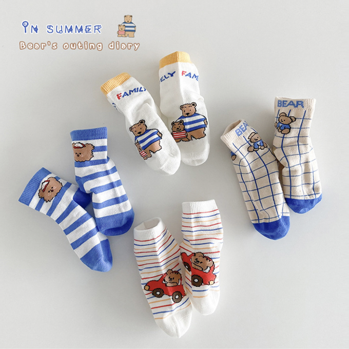 love, charlotte - 小熊家族薄款短筒棉襪-4 雙一組