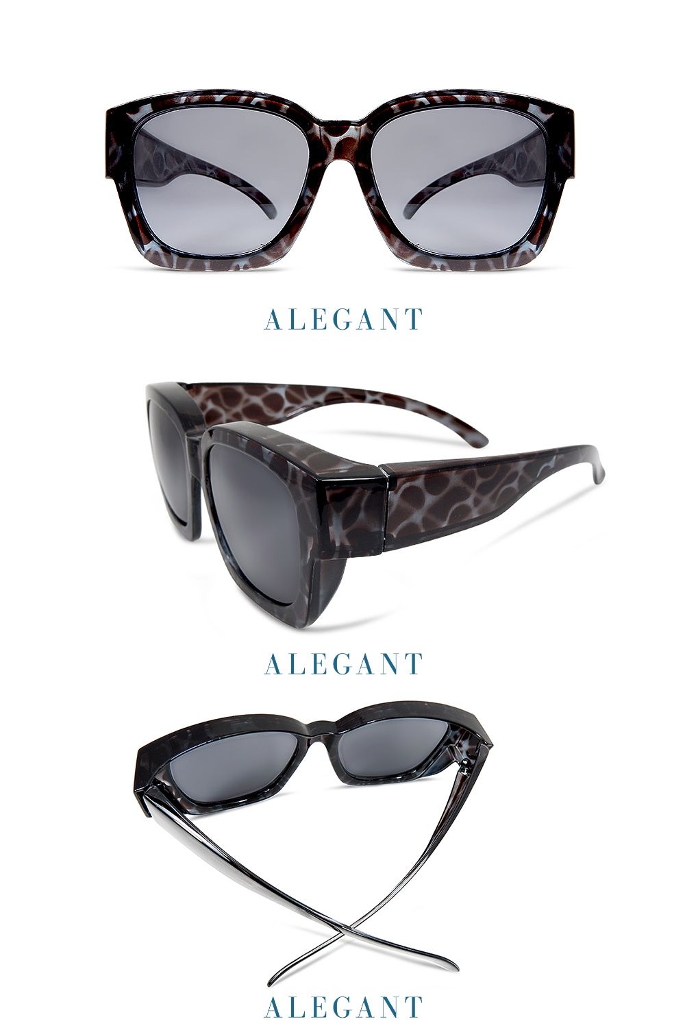 ALEGANT - 瀟灑藍灰色豹紋方框全罩式偏光墨鏡│外掛UV400太陽眼鏡包覆套鏡│車用太陽眼鏡│近視可戴外掛寶麗來墨鏡