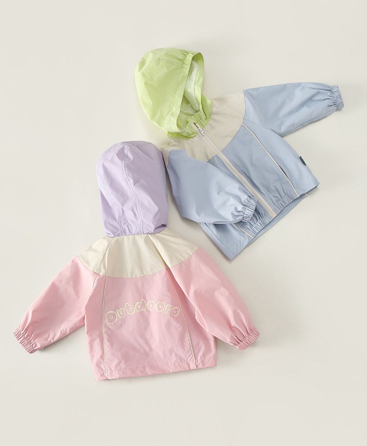 拼色連帽防風外套-粉+紫+白