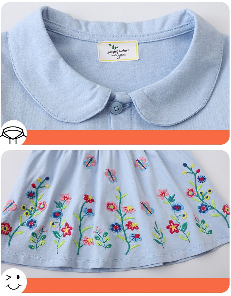 Jumping meters - 娃娃領短袖棉質洋裝-小小花園-藍色