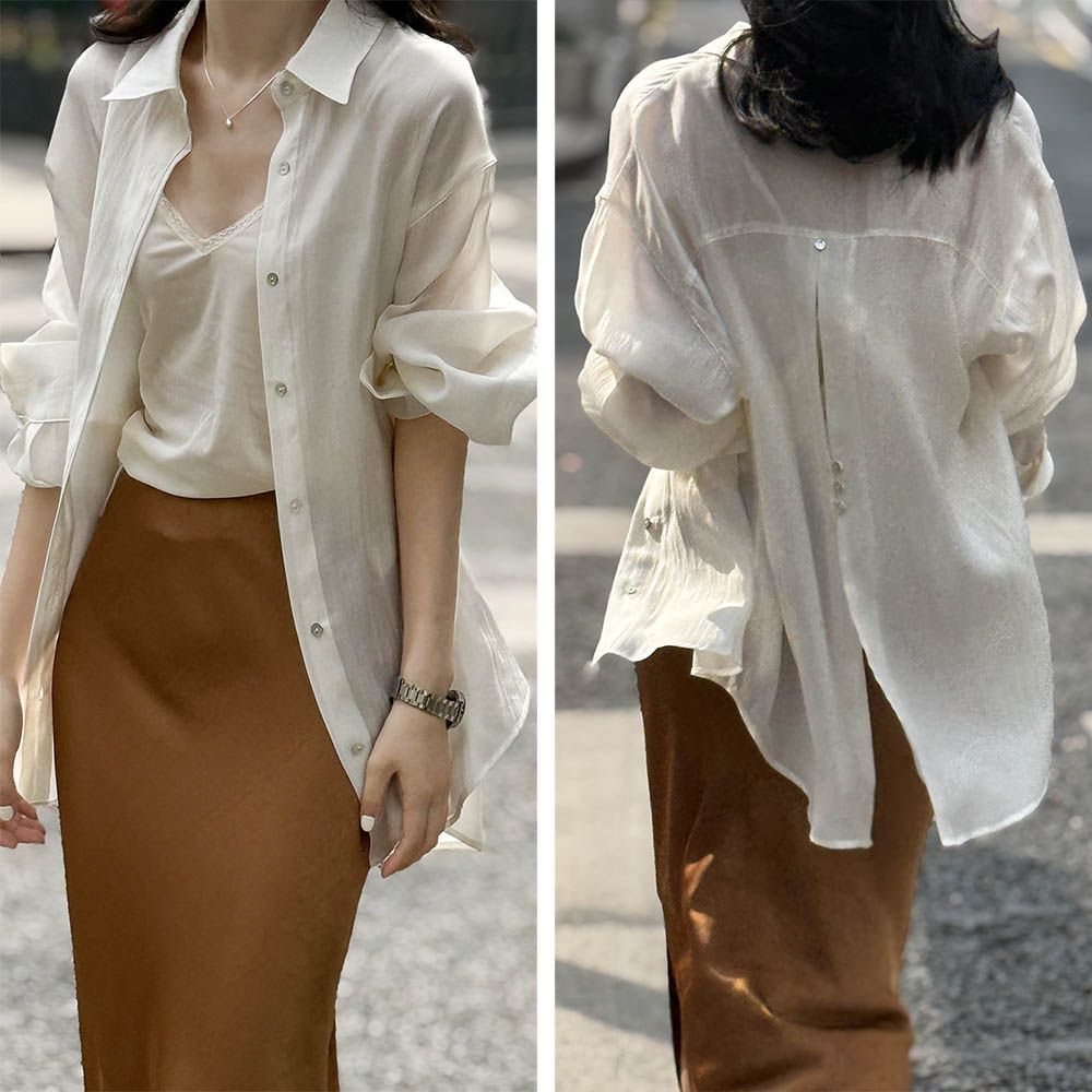 透膚感薄長袖襯衫-後開衩貝殼釦-奶白色