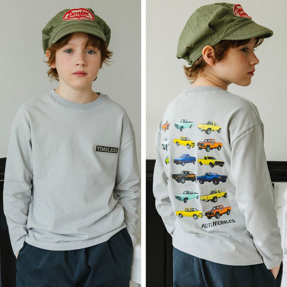 APPLE SMILE 純棉長袖上衣-復古小車車-淺灰