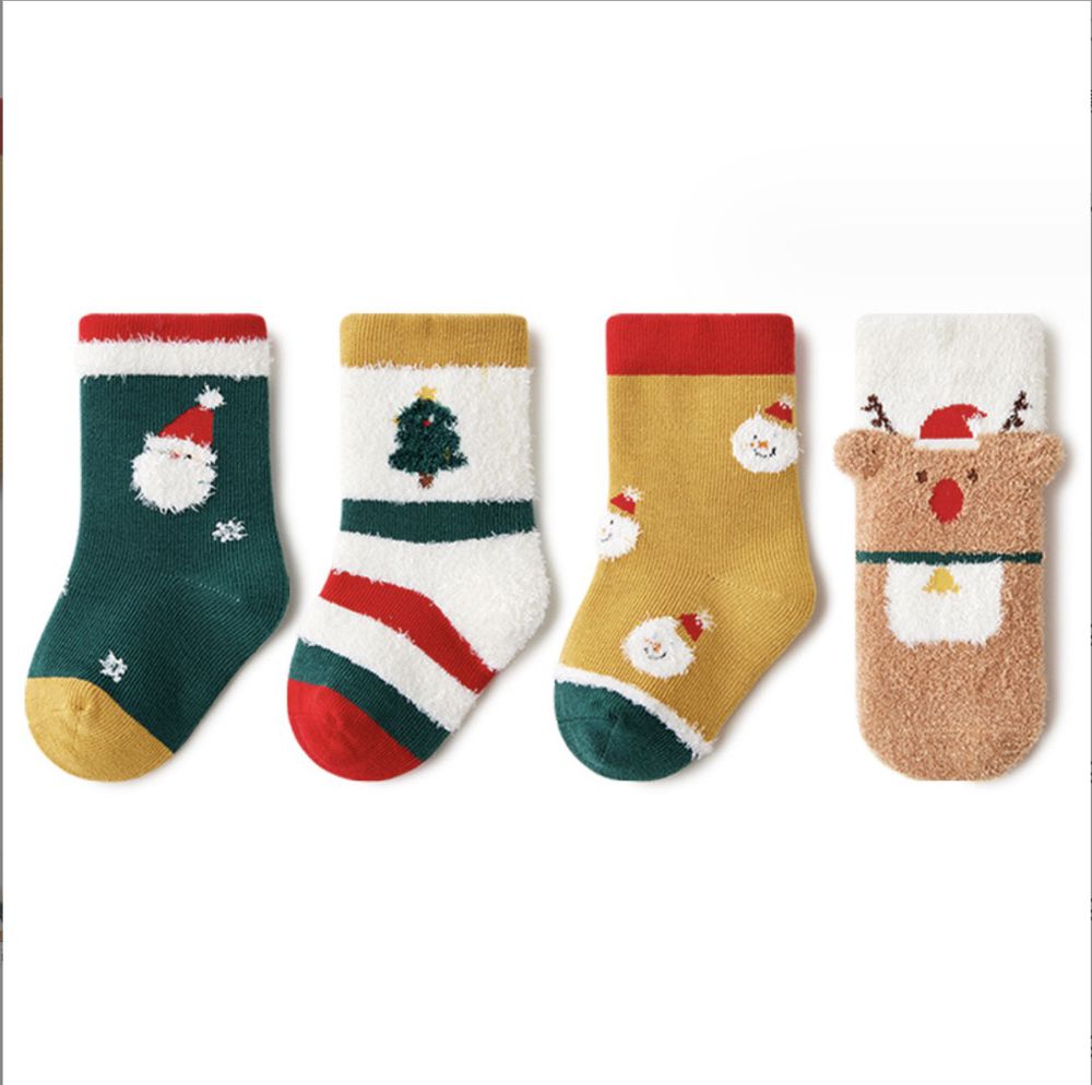 love, charlotte - 麋鹿聖誕主題無骨中筒棉襪-4 雙一組