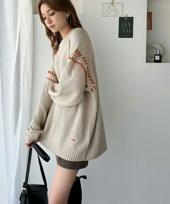 日本 Classical Elf - Java 落肩滾邊縫線粗針織長版上衣-白x灰