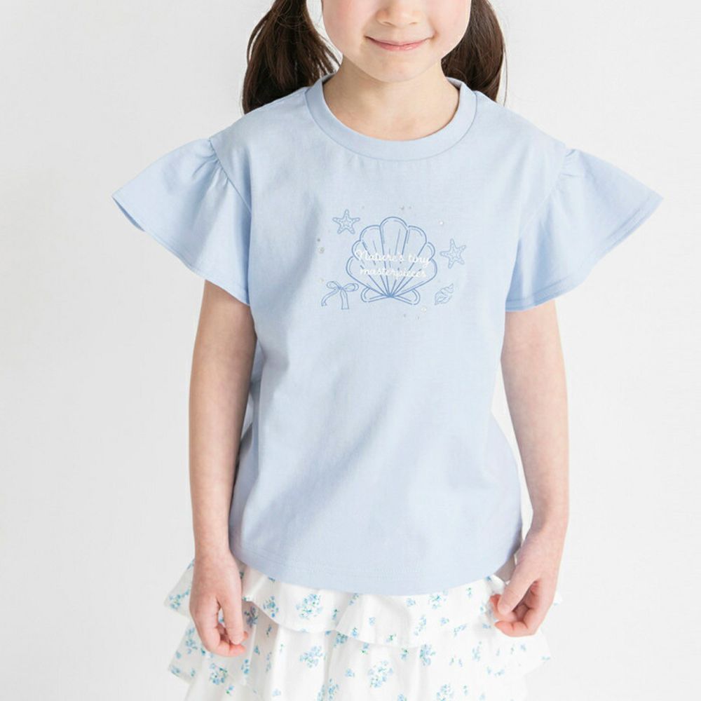 100%棉 荷葉短袖上衣-貝殼-水藍