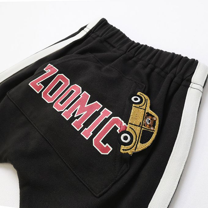 日本 ZOOLAND - 春季出遊印花運動長褲-背後刺繡車車-淺灰