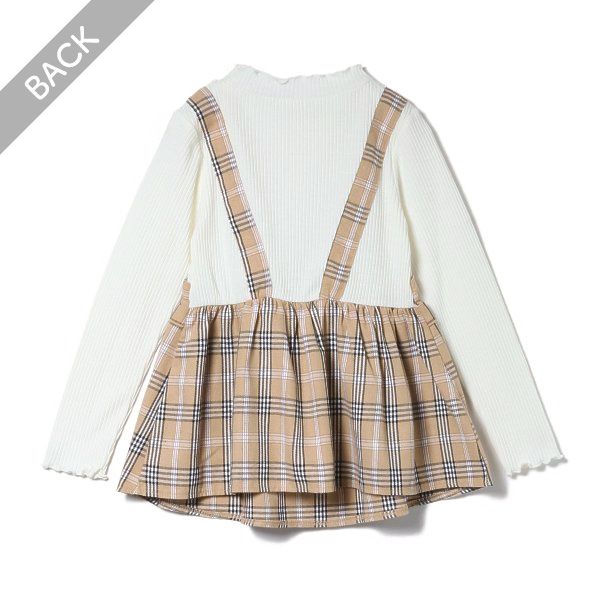 日本西松屋 - 異材質拼接假兩件長袖上衣-格紋-米杏