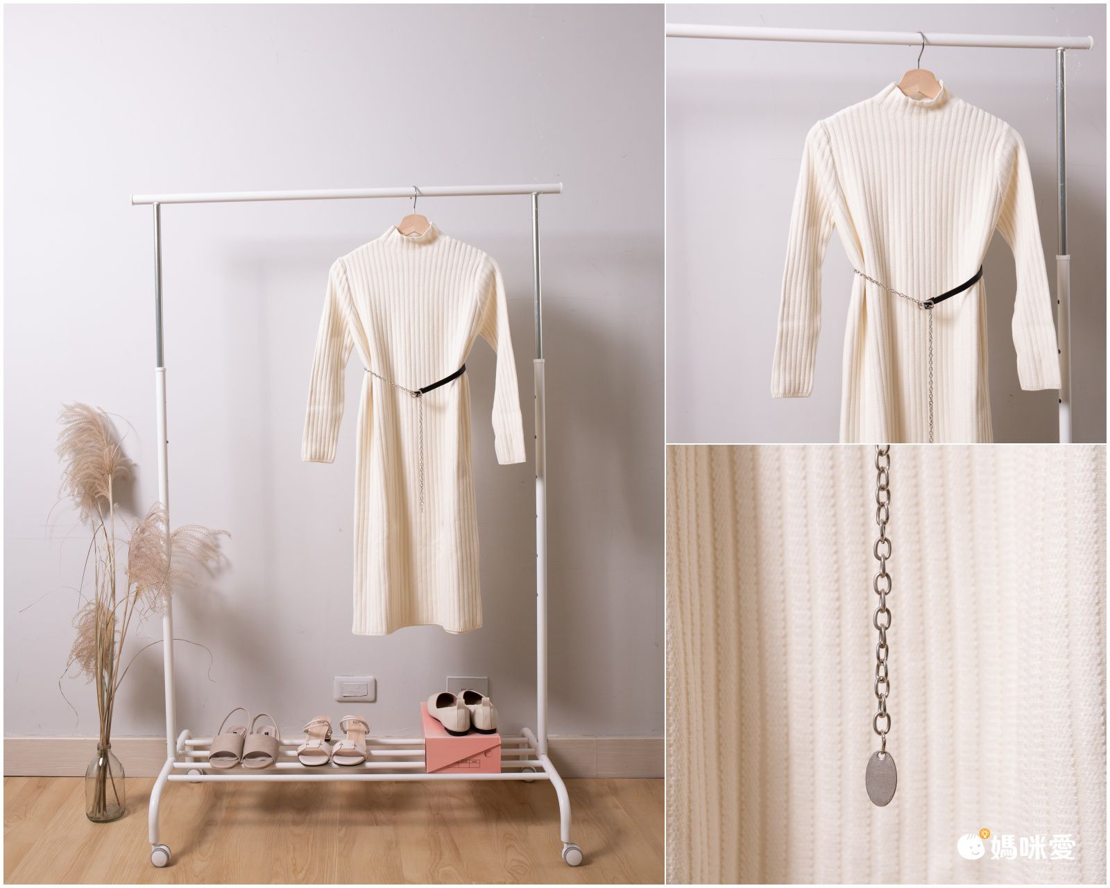 金屬腰帶針織長袖連身裙-黑色