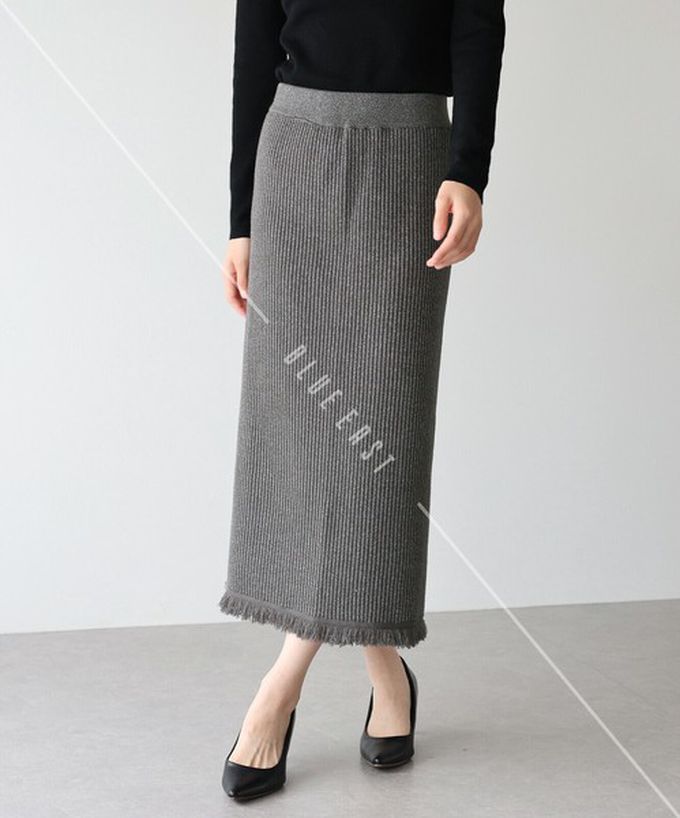 日本 BLUE EAST - 微閃亮羅紋針織流蘇開叉鉛筆裙-灰