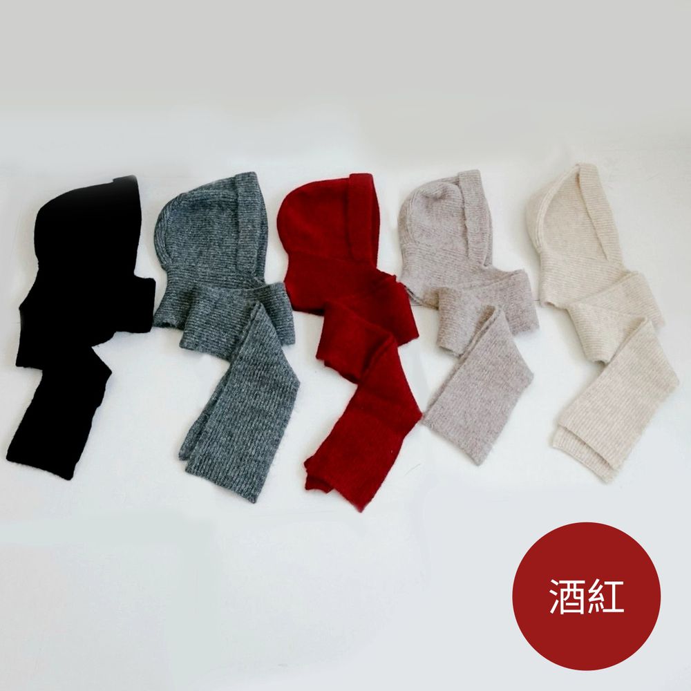 冬日暖暖針織圍巾圍脖連帽-酒紅