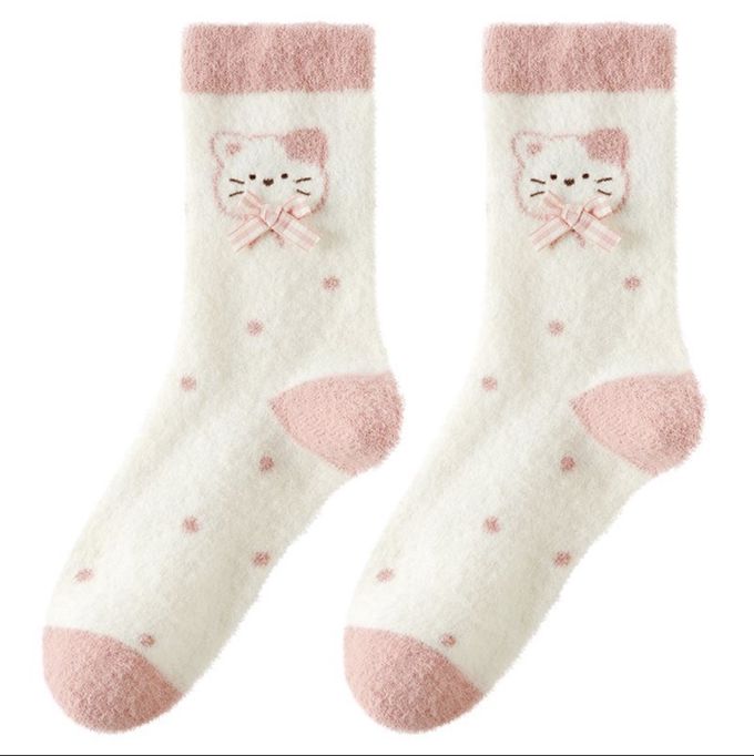 粉白喵咪小花雲朵絨保暖中筒襪
