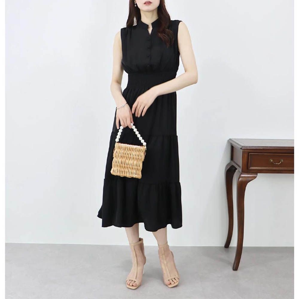 接觸冷感 縮腰顯瘦立領無袖洋裝-素面-黑 (M)