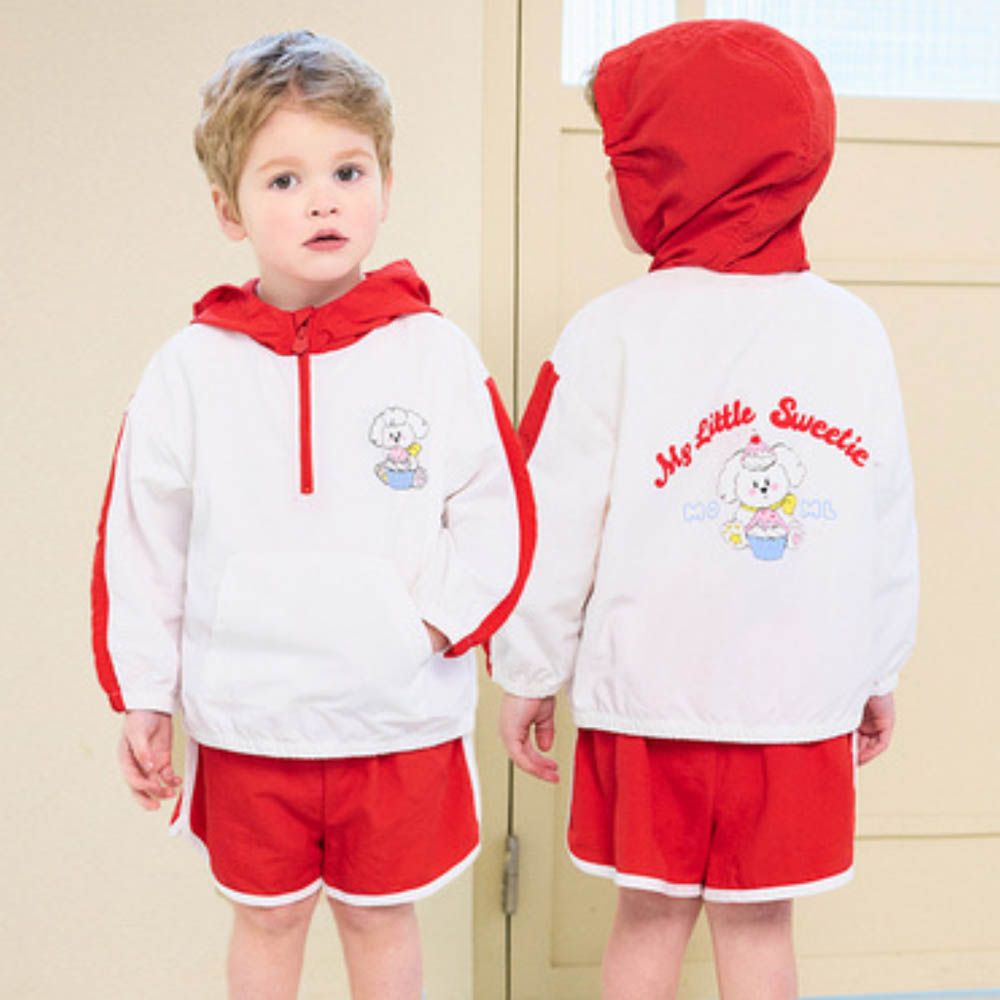 甜心狗狗半拉鍊長袖連帽上衣X短褲套裝-白X紅