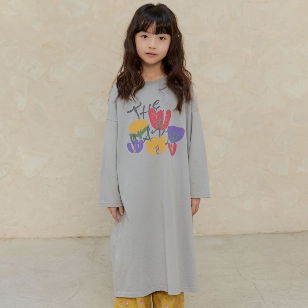 NAVi 手繪繽紛花卉純棉長袖連身洋裝-淺灰