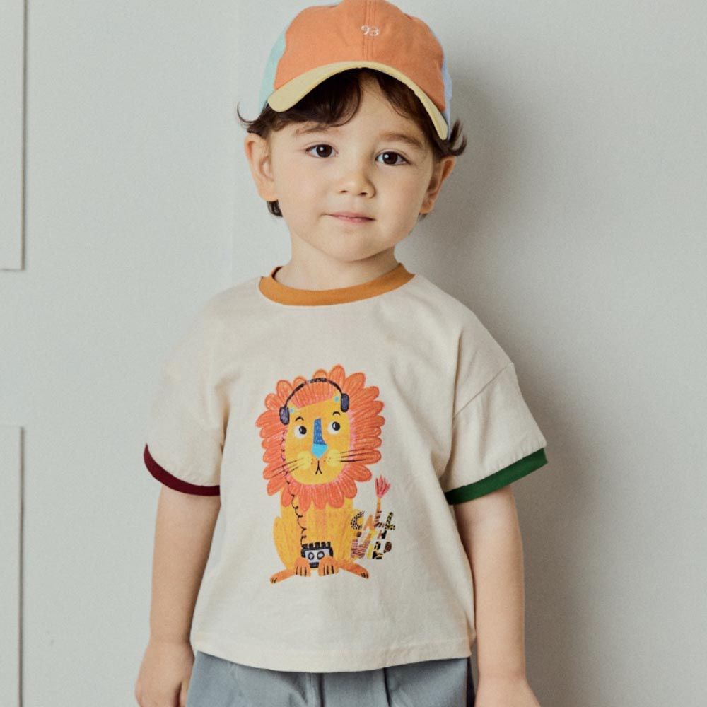 韓國 Mimico - 動物點綴短袖上衣-獅子戴耳機