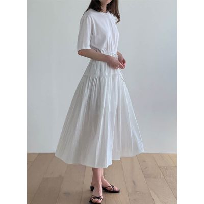 韓國女裝連線 - 清新感腰線抓褶短袖洋裝-白 (FREE)