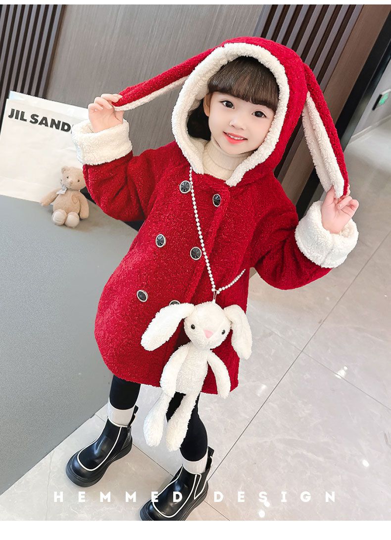 加厚毛絨造型長版外套-兔子耳朵-紅色-(送兔子配飾)