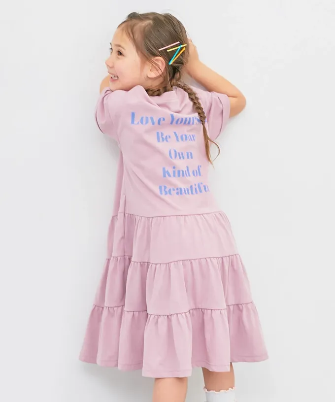 日本 devirock - 天竺棉舒適分層短袖洋裝-背後標語-粉紅