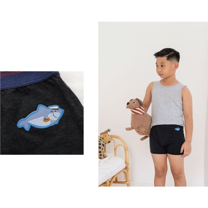 貝柔 Peilou - 天絲棉舒膚平衡童男平口褲-貼布繡-鯊魚-黑