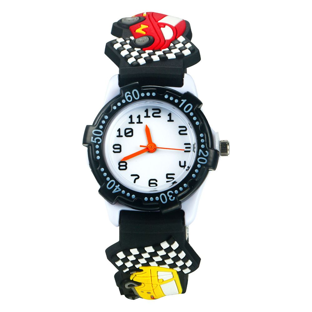 3D立體卡通兒童手錶-可旋轉錶圈-黑色賽車-(指針顏色隨機)
