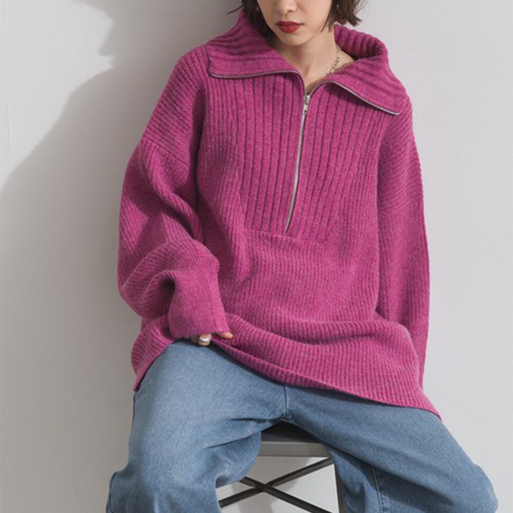 優雅線條感半拉鍊長版針織高領上衣-莓紅