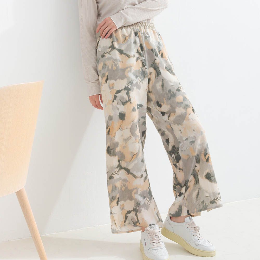 [人氣款]柔和季節感印花輕盈寬褲-暈染-灰卡其