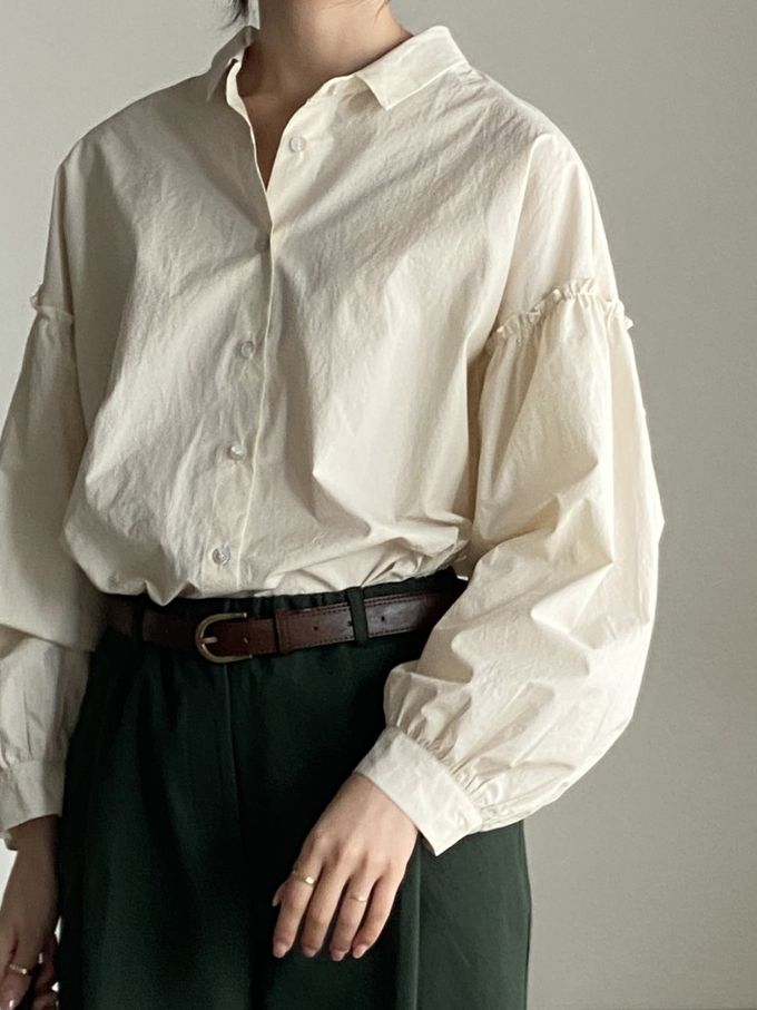 韓國女裝連線 - 極簡拼接翻領長袖襯衫-米杏 (FREE)