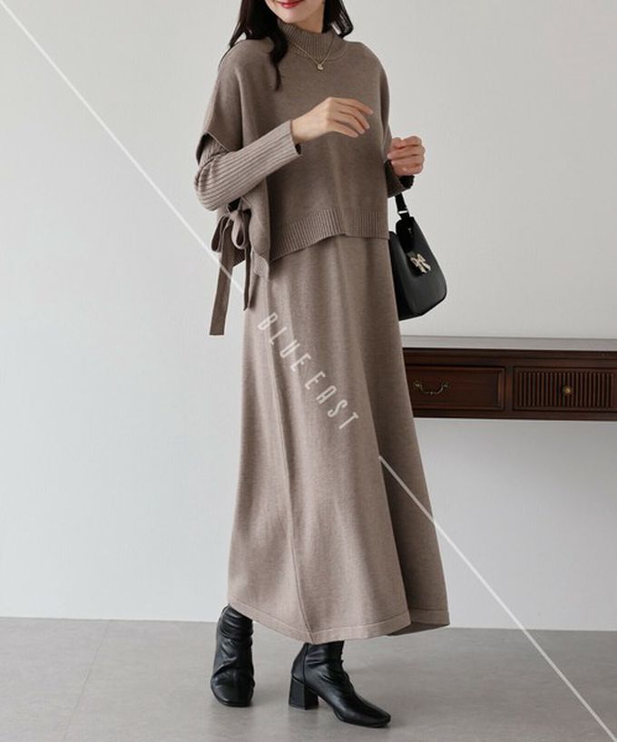 日本 BLUE EAST - [經典款]氣質針織斗篷綁帶長袖洋裝2件組-深摩卡x黑