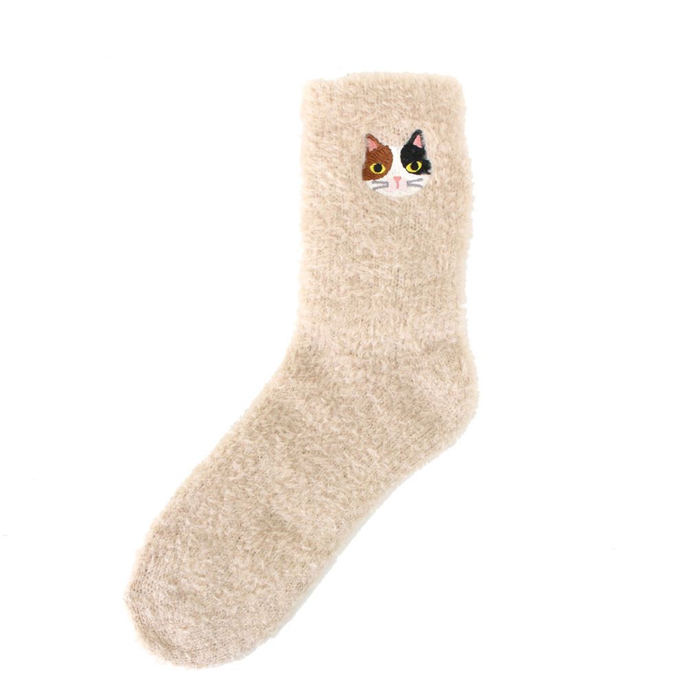 日本 TOMO - 可愛動物刺繡毛絨保暖襪-花貓-杏 (22-25cm)