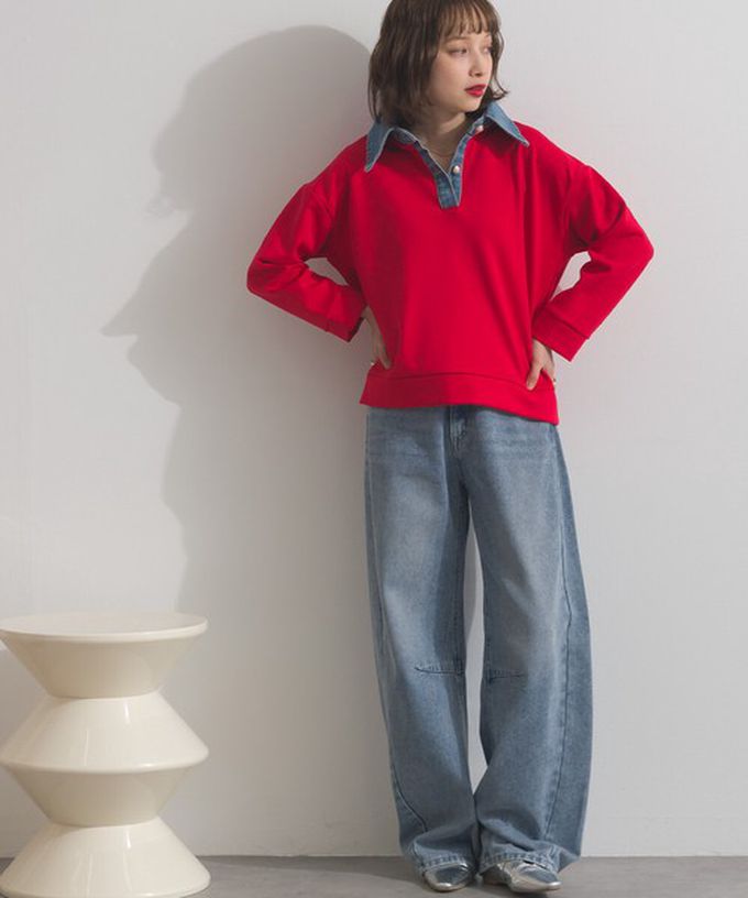 日本 ELENCARE DUE - 牛仔領層次感厚磅休閒長袖上衣-紅